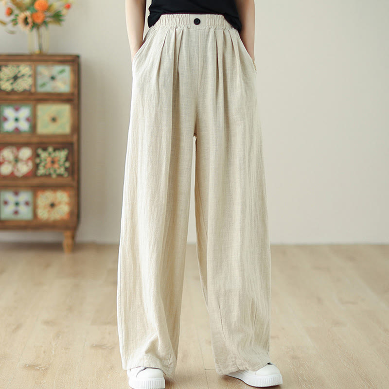 Buddha Stones Commute Button Design Women's Cotton Linen Elastic Waistband Pants With Pockets - Beige - US12，UK/AU16，EU44 (3XL) - image 12