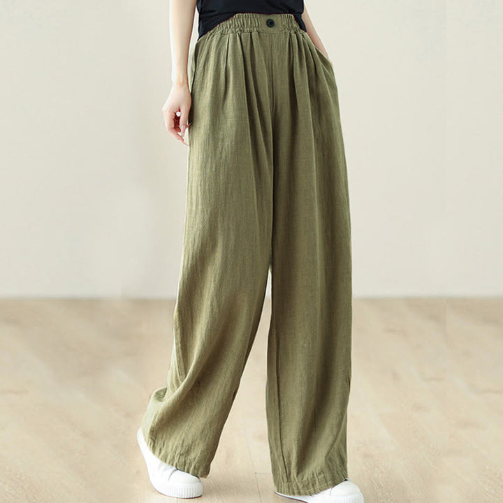 Buddha Stones Commute Button Design Women's Cotton Linen Elastic Waistband Pants With Pockets - image 6