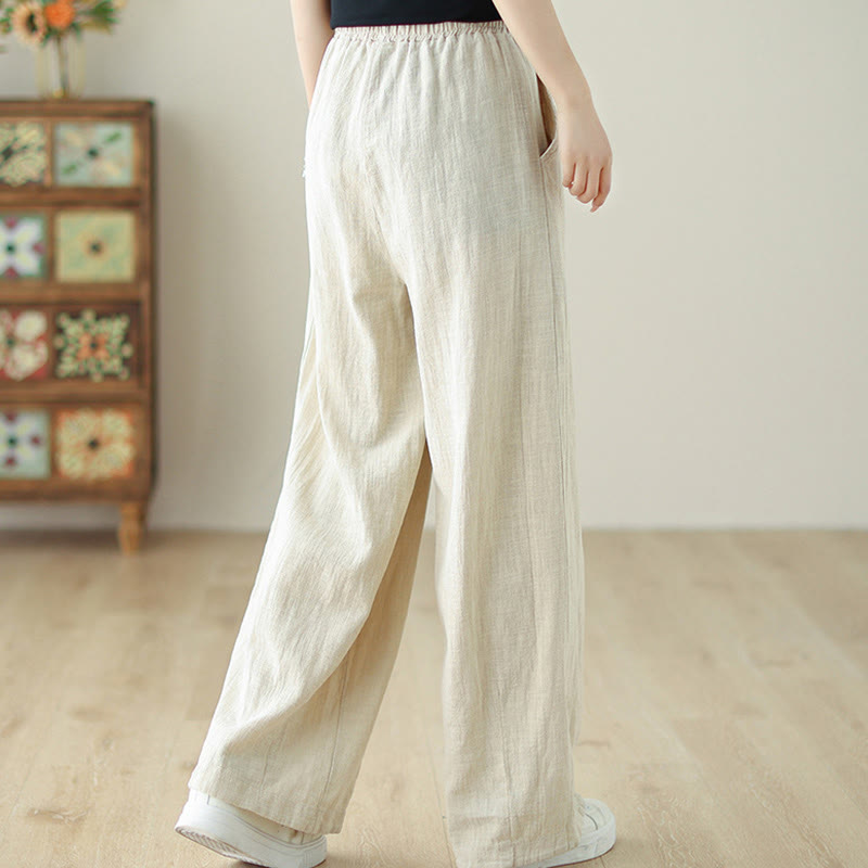 Buddha Stones Commute Button Design Women's Cotton Linen Elastic Waistband Pants With Pockets - image 12