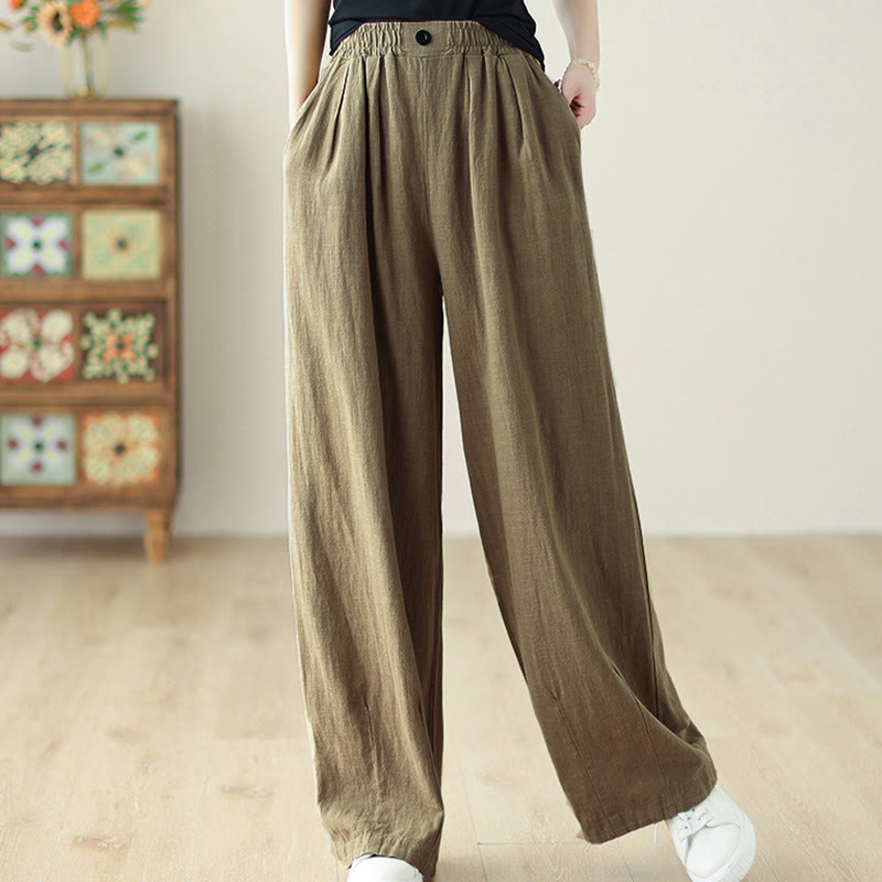 Buddha Stones Commute Button Design Women's Cotton Linen Elastic Waistband Pants With Pockets - image 1