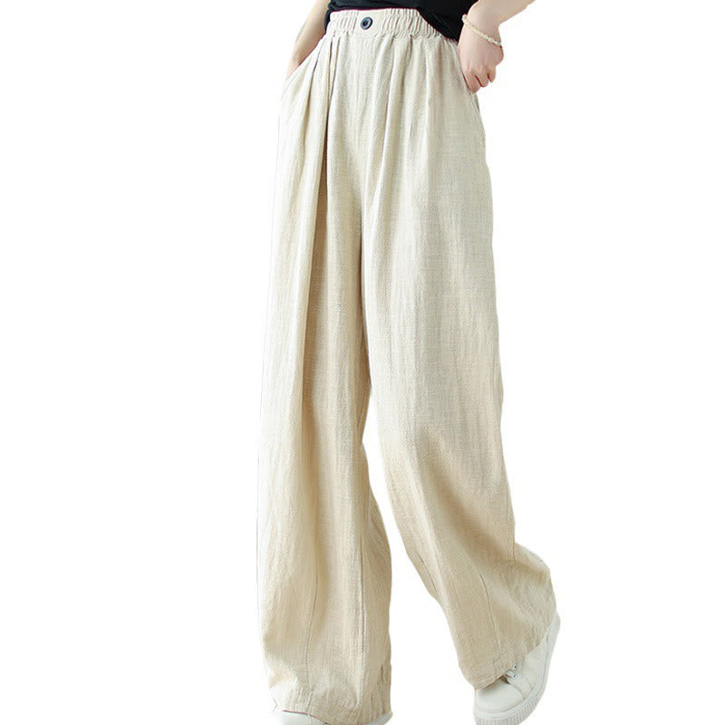 Buddha Stones Commute Button Design Women's Cotton Linen Elastic Waistband Pants With Pockets - image 17