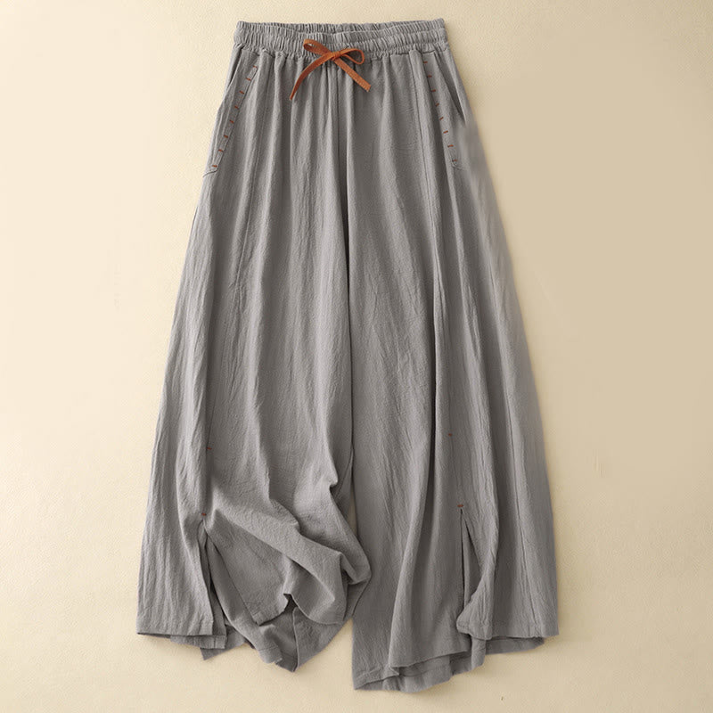 Buddha Stones Casual Side Slits Design Cotton Women's Wide Leg 7-8 Length Pants With Pockets - DarkGray - US8-10，UK/AU12-14，EU40-42 (2XL) - image 11