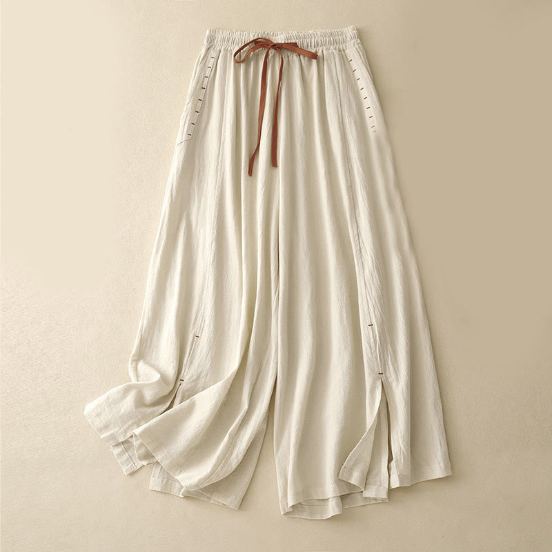 Buddha Stones Casual Side Slits Design Cotton Women's Wide Leg 7-8 Length Pants With Pockets - Cornsilk - US8-10，UK/AU12-14，EU40-42 (2XL) - image 4