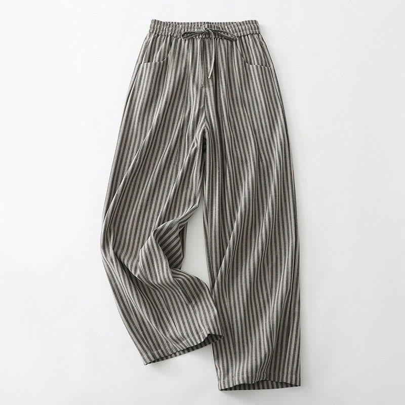 Buddha Stones Commute Striped Drawstring Design Women's Wide Leg Cotton Pants With Pockets - DarkGray - US8-10，UK/AU12-14，EU40-42 (2XL) - image 6