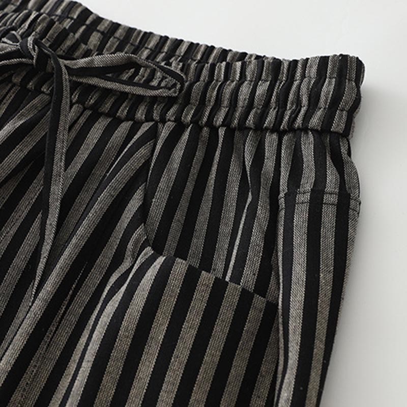 Buddha Stones Commute Striped Drawstring Design Women's Wide Leg Cotton Pants With Pockets - image 3