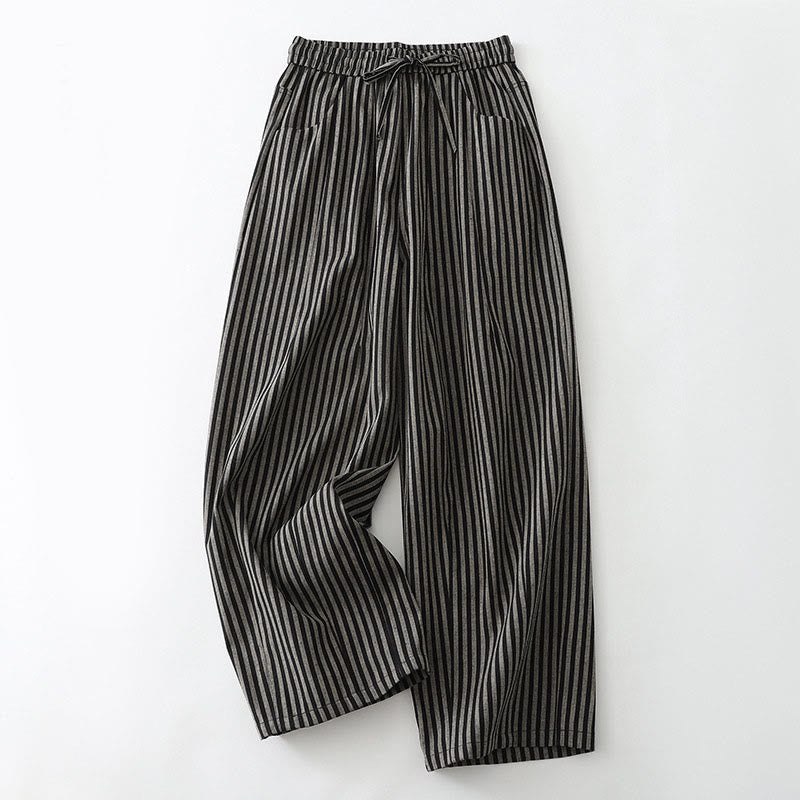 Buddha Stones Commute Striped Drawstring Design Women's Wide Leg Cotton Pants With Pockets - Black - US8-10，UK/AU12-14，EU40-42 (2XL) - image 1