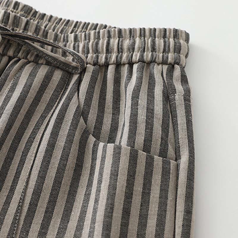 Buddha Stones Commute Striped Drawstring Design Women's Wide Leg Cotton Pants With Pockets - image 11