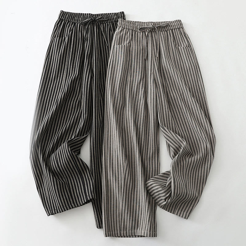 Buddha Stones Commute Striped Drawstring Design Women's Wide Leg Cotton Pants With Pockets - image 16