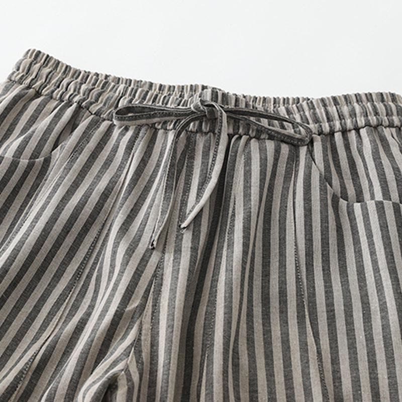 Buddha Stones Commute Striped Drawstring Design Women's Wide Leg Cotton Pants With Pockets - image 7