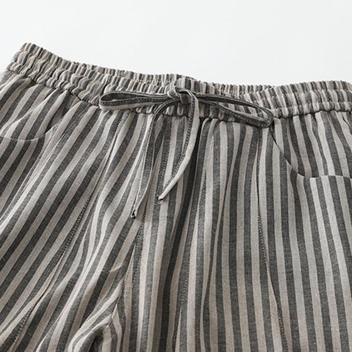 Buddha Stones Commute Striped Drawstring Design Women's Wide Leg Cotton Pants With Pockets - image 7