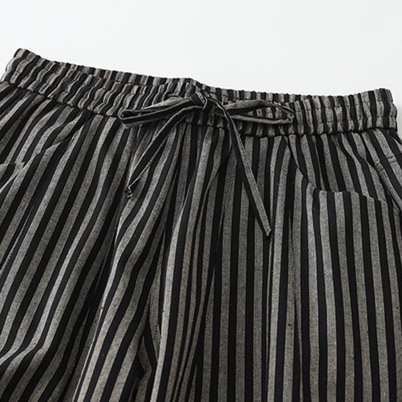 Buddha Stones Commute Striped Drawstring Design Women's Wide Leg Cotton Pants With Pockets - image 2
