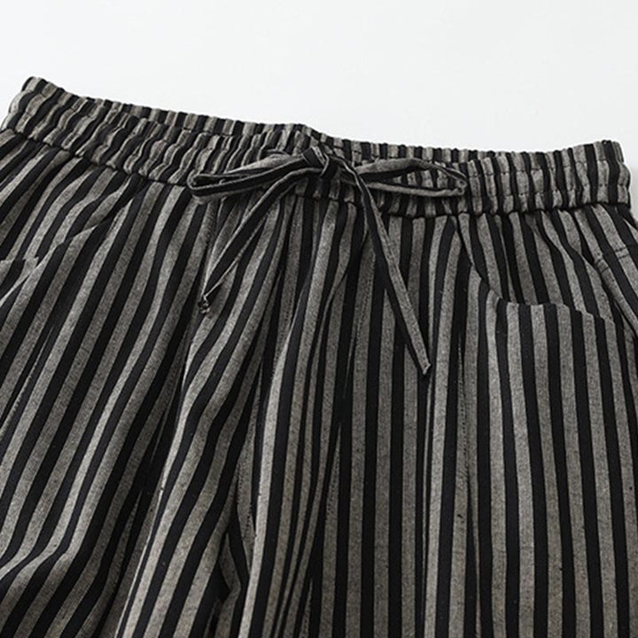Buddha Stones Commute Striped Drawstring Design Women's Wide Leg Cotton Pants With Pockets - image 2