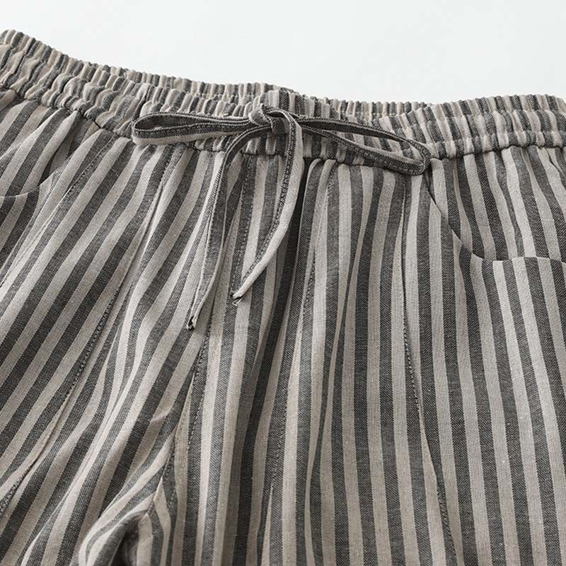 Buddha Stones Commute Striped Drawstring Design Women's Wide Leg Cotton Pants With Pockets - image 8