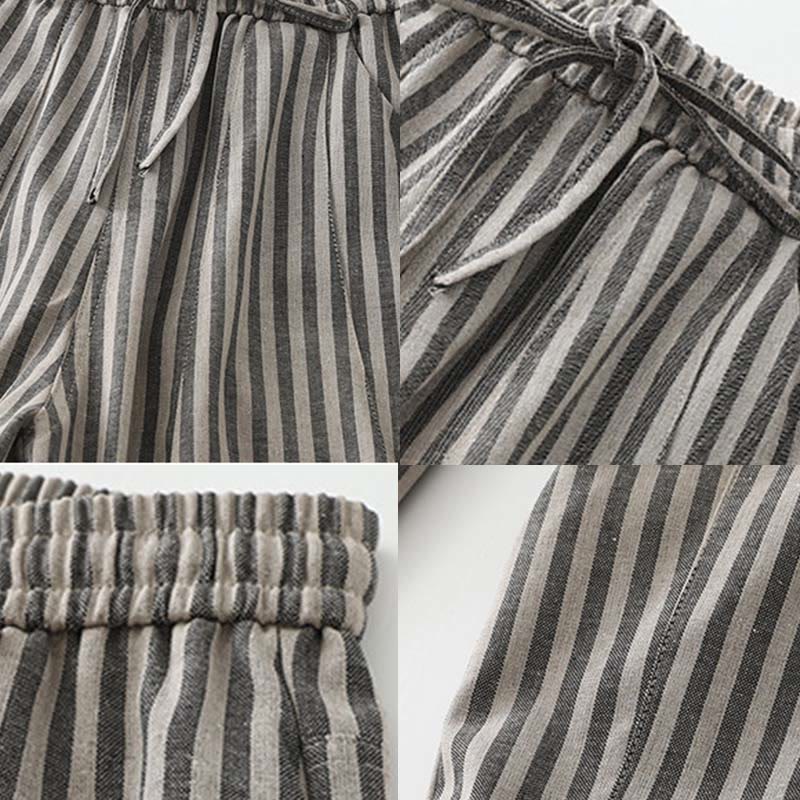 Buddha Stones Commute Striped Drawstring Design Women's Wide Leg Cotton Pants With Pockets - image 15