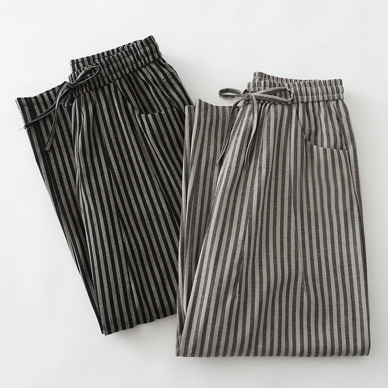 Buddha Stones Commute Striped Drawstring Design Women's Wide Leg Cotton Pants With Pockets - image 17