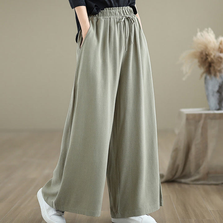 Buddha Stones Commute Plain Simple Lace-Up Design Women's Wide Leg Cotton Linen Pants With Pockets - image 2