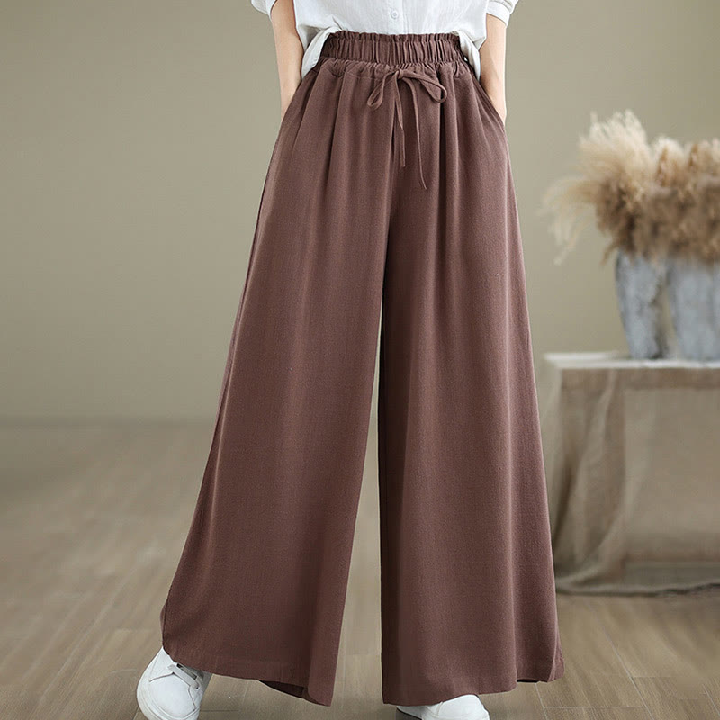 Buddha Stones Commute Plain Simple Lace-Up Design Women's Wide Leg Cotton Linen Pants With Pockets - image 11