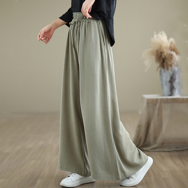 Buddha Stones Commute Plain Simple Lace-Up Design Women's Wide Leg Cotton Linen Pants With Pockets - image 1
