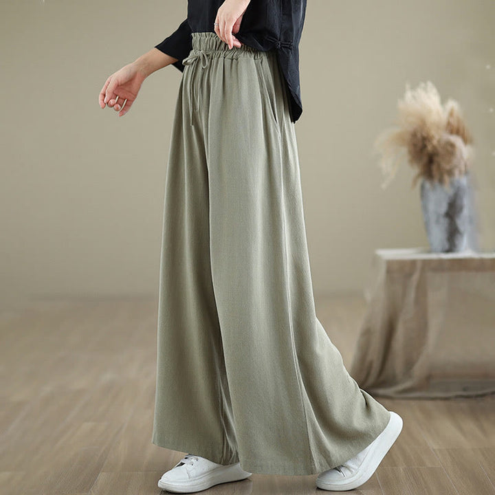 Buddha Stones Commute Plain Simple Lace-Up Design Women's Wide Leg Cotton Linen Pants With Pockets - image 1