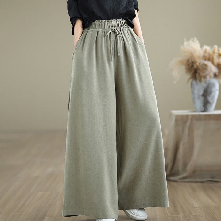 Buddha Stones Commute Plain Simple Lace-Up Design Women's Wide Leg Cotton Linen Pants With Pockets - image 3