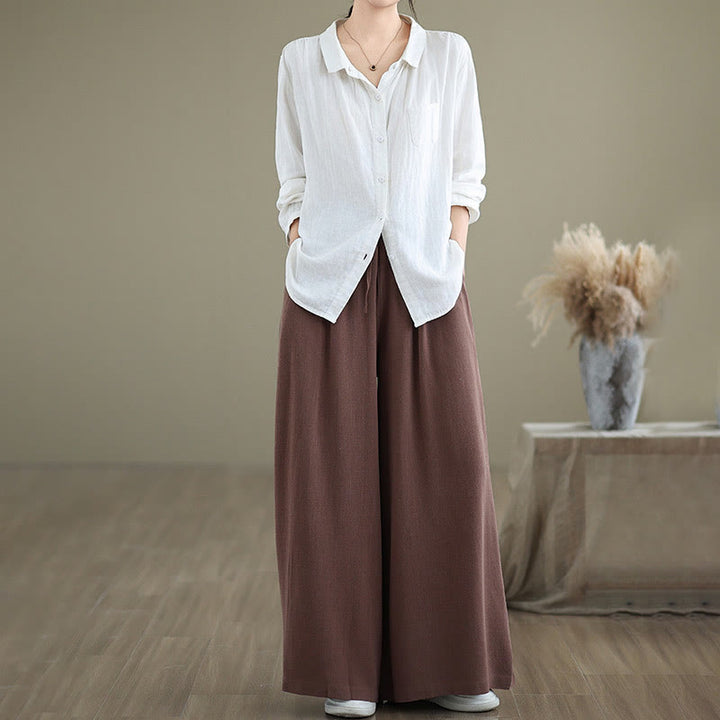 Buddha Stones Commute Plain Simple Lace-Up Design Women's Wide Leg Cotton Linen Pants With Pockets - image 16