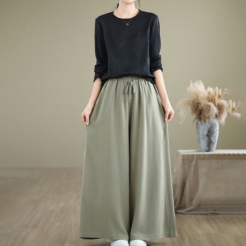 Buddha Stones Commute Plain Simple Lace-Up Design Women's Wide Leg Cotton Linen Pants With Pockets - image 4