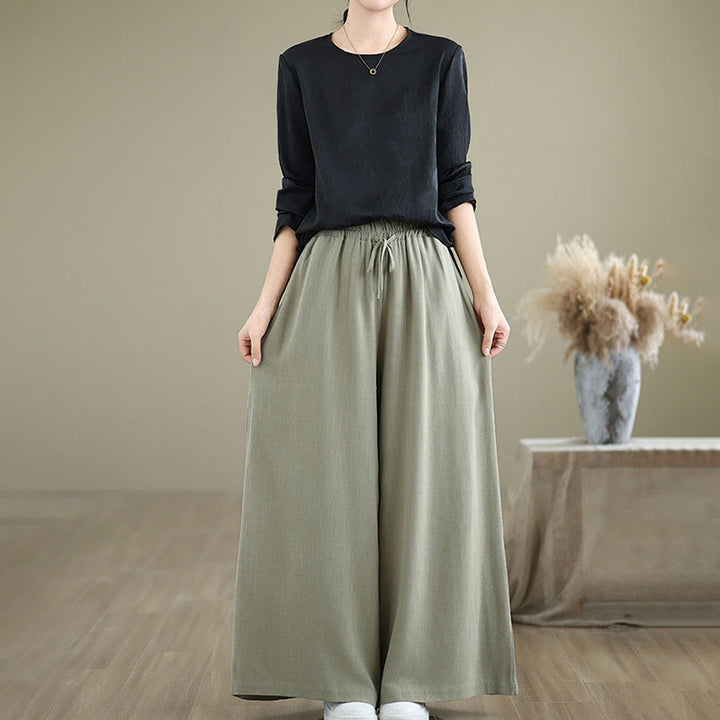 Buddha Stones Commute Plain Simple Lace-Up Design Women's Wide Leg Cotton Linen Pants With Pockets - image 4