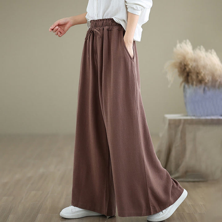 Buddha Stones Commute Plain Simple Lace-Up Design Women's Wide Leg Cotton Linen Pants With Pockets - image 13