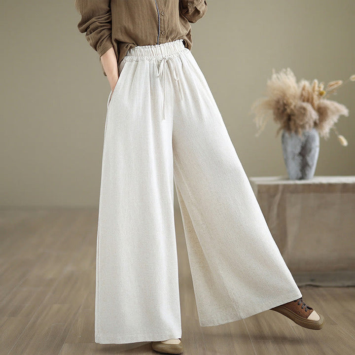 Buddha Stones Commute Plain Simple Lace-Up Design Women's Wide Leg Cotton Linen Pants With Pockets - image 20