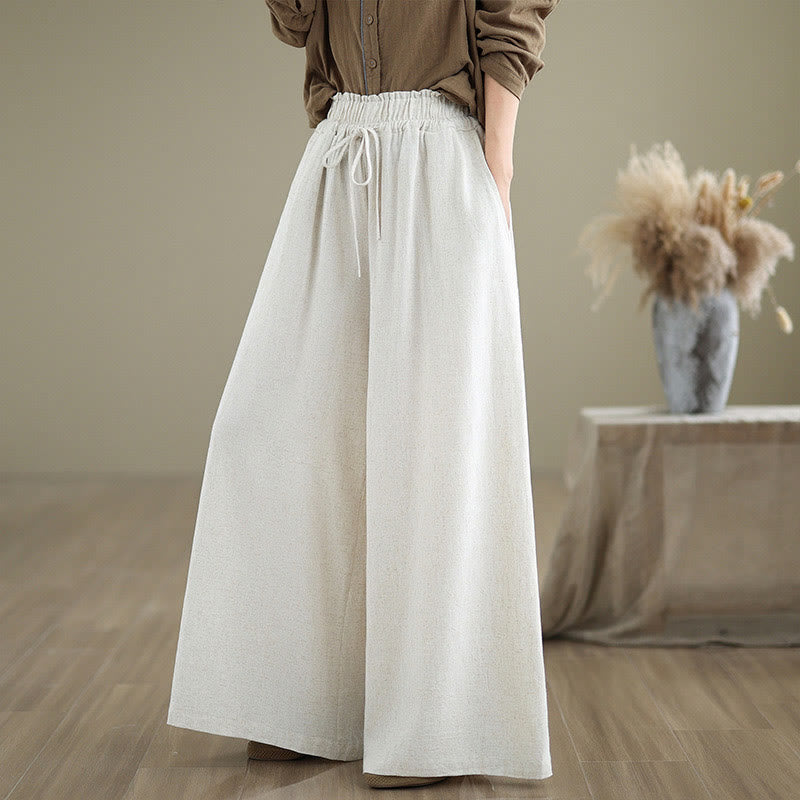 Buddha Stones Commute Plain Simple Lace-Up Design Women's Wide Leg Cotton Linen Pants With Pockets - GhostWhite - US6，UK/AU10，EU38 (XL) - image 17