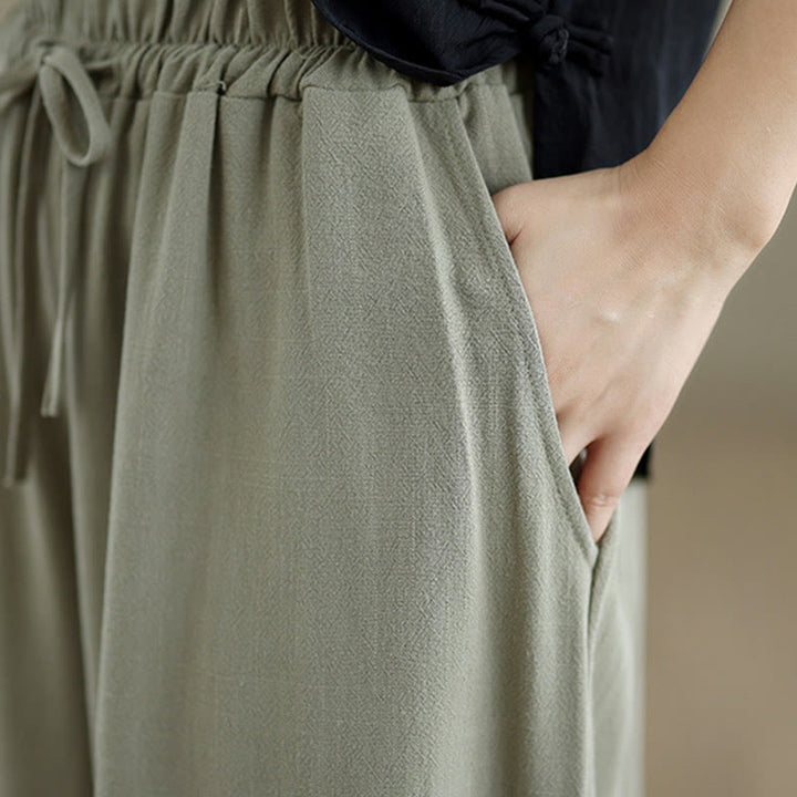 Buddha Stones Commute Plain Simple Lace-Up Design Women's Wide Leg Cotton Linen Pants With Pockets - image 6