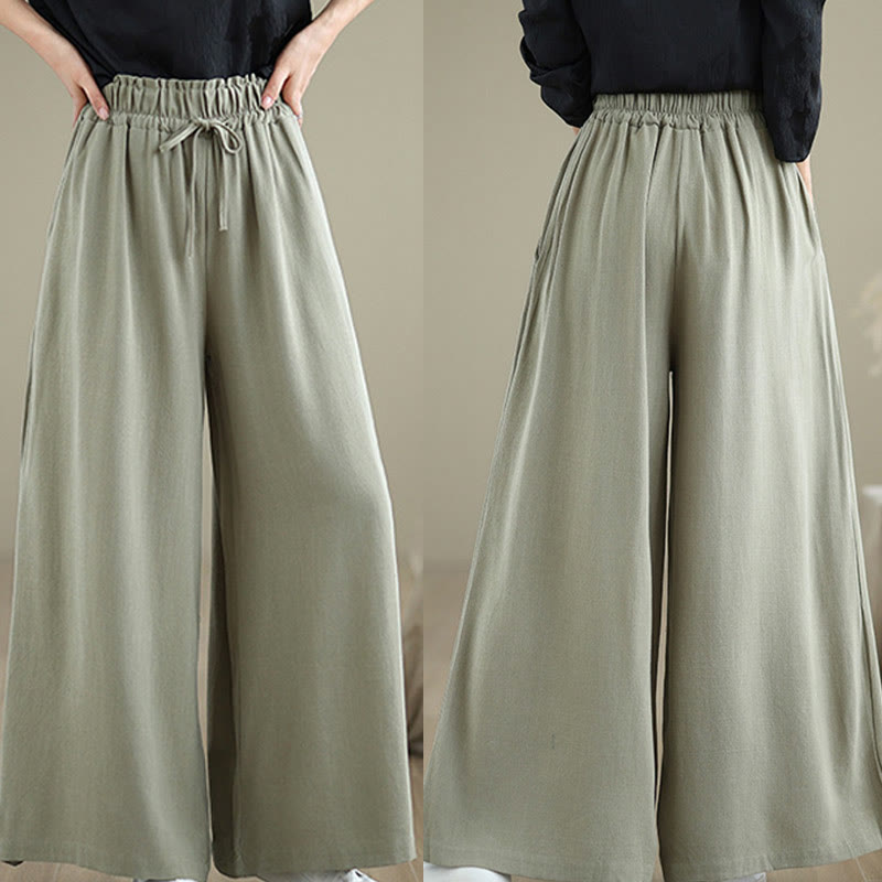 Buddha Stones Commute Plain Simple Lace-Up Design Women's Wide Leg Cotton Linen Pants With Pockets - image 9