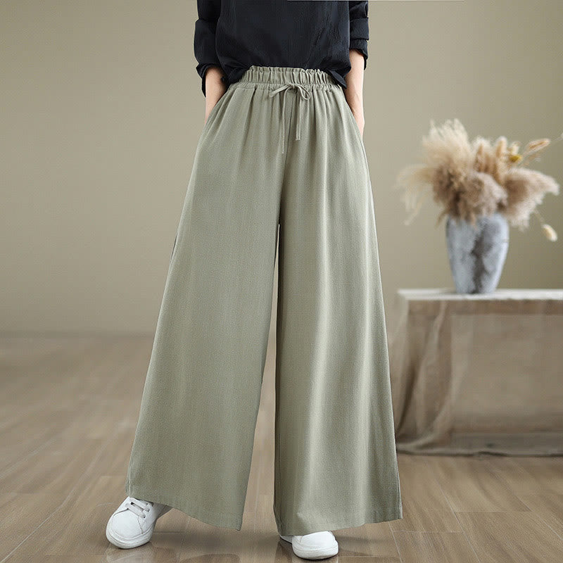 Buddha Stones Commute Plain Simple Lace-Up Design Women's Wide Leg Cotton Linen Pants With Pockets - DarkSeaGreen - US6，UK/AU10，EU38 (XL) - image 1
