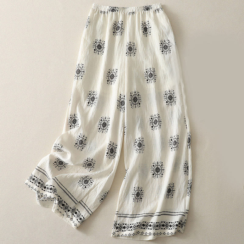 Buddha Stones Bohemian Printing Celestial Pattern Women's Wide Leg Cotton Pants With Pockets - White - US8-10，UK/AU12-14，EU40-42 (2XL) - image 5