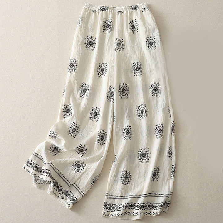 Buddha Stones Bohemian Printing Celestial Pattern Women's Wide Leg Cotton Pants With Pockets - White - US8-10，UK/AU12-14，EU40-42 (2XL) - image 5