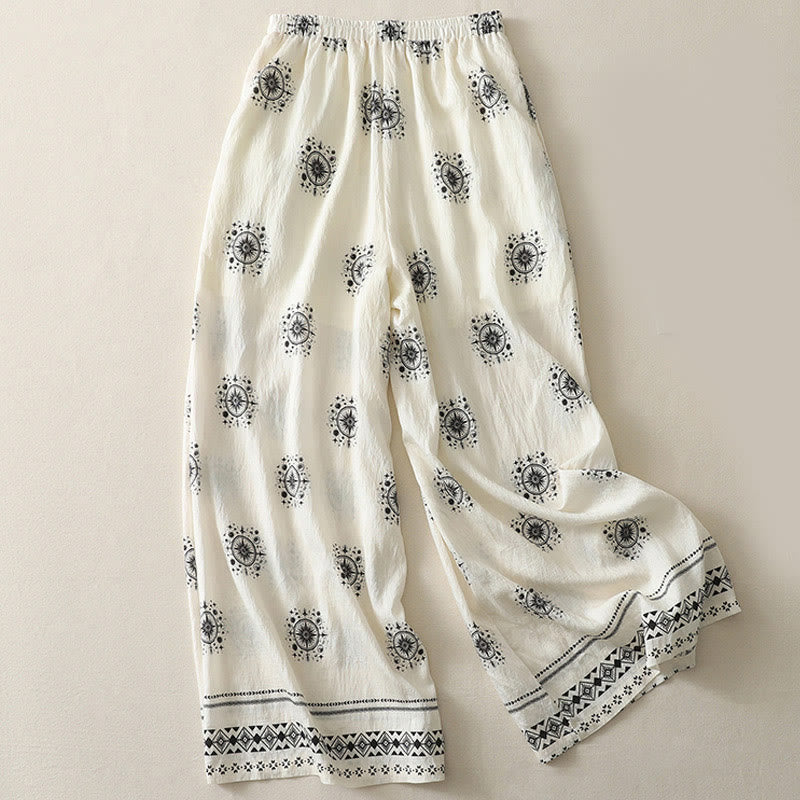 Buddha Stones Bohemian Printing Celestial Pattern Women's Wide Leg Cotton Pants With Pockets - image 5