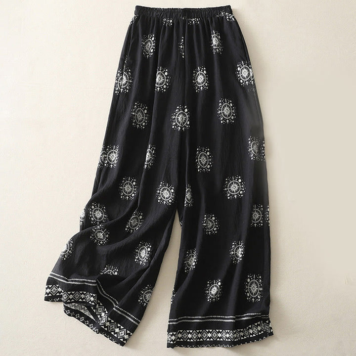 Buddha Stones Bohemian Printing Celestial Pattern Women's Wide Leg Cotton Pants With Pockets - Black - US8-10，UK/AU12-14，EU40-42 (2XL) - image 0