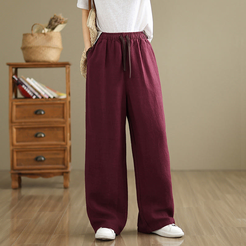 Buddha Stones Commute Retro Solid Color Women's Harem Drawstring Cotton Pants With Pockets - FireBrick - US8-10，UK/AU12-14，EU40-42 (2XL) - image 19