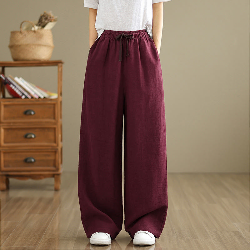 Buddha Stones Commute Retro Solid Color Women's Harem Drawstring Cotton Pants With Pockets - image 19