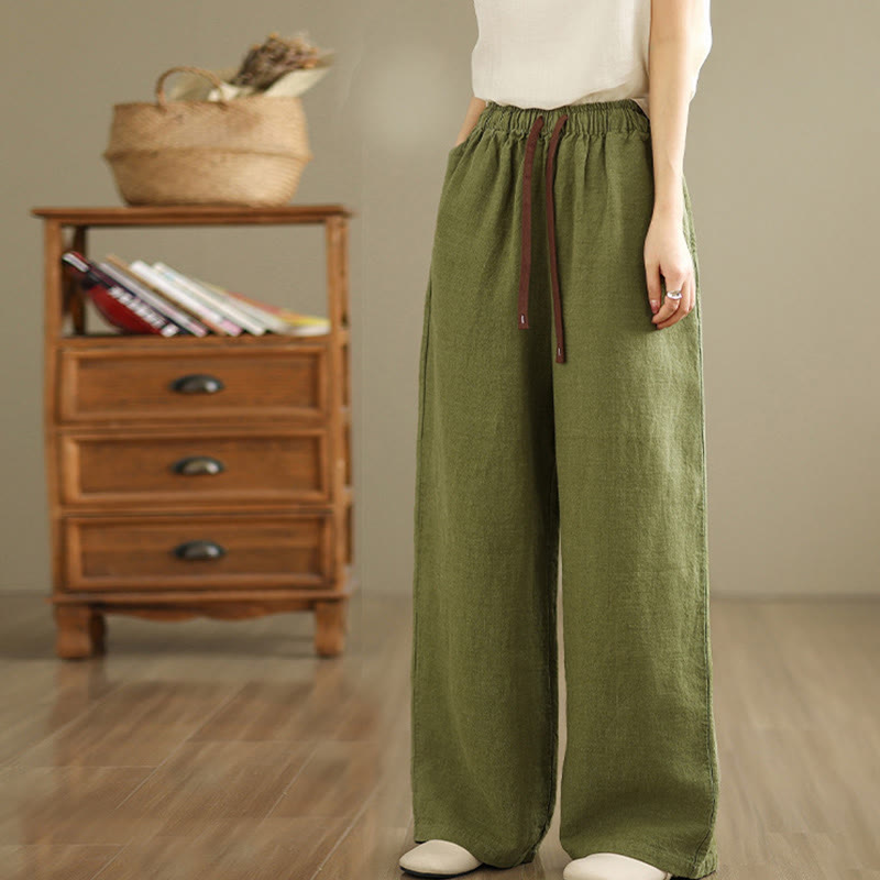 Buddha Stones Commute Retro Solid Color Women's Harem Drawstring Cotton Pants With Pockets - image 2
