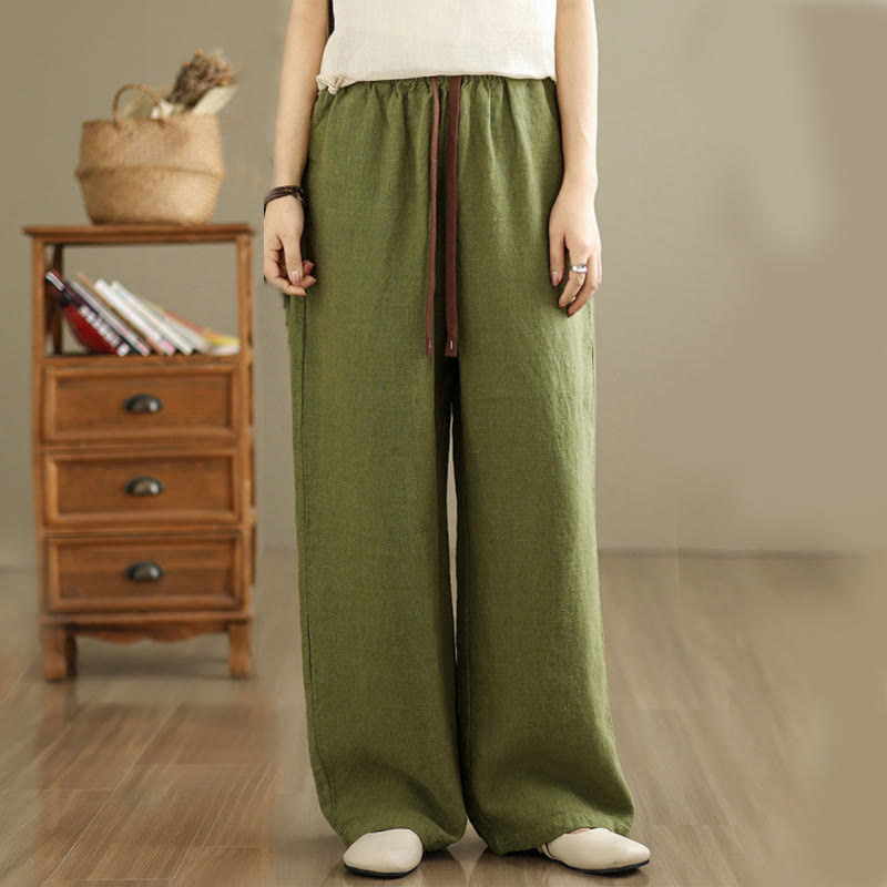 Buddha Stones Commute Retro Solid Color Women's Harem Drawstring Cotton Pants With Pockets - image 1