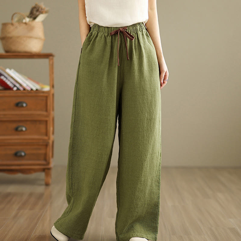 Buddha Stones Commute Retro Solid Color Women's Harem Drawstring Cotton Pants With Pockets - YellowGreen - US8-10，UK/AU12-14，EU40-42 (2XL) - image 1