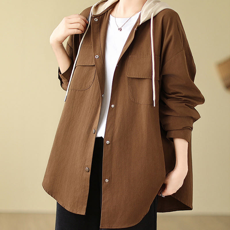 Buddha Stones Casual Commute Drawstring Hoodie Women's Cotton Linen Jacket With Pockets - SaddleBrown - US14，UK/AU18，EU46 (2XL) - image 0