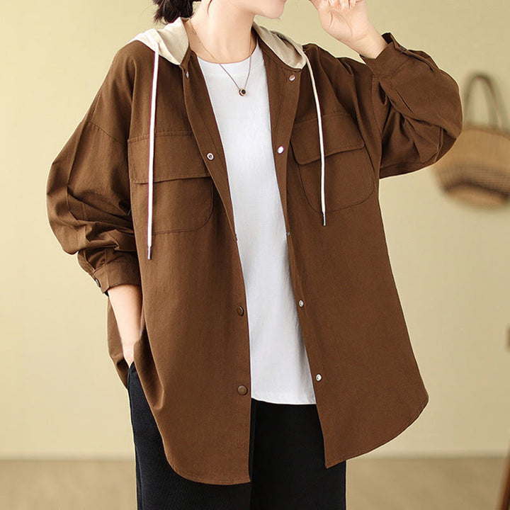 Buddha Stones Casual Commute Drawstring Hoodie Women's Cotton Linen Jacket With Pockets - image 4