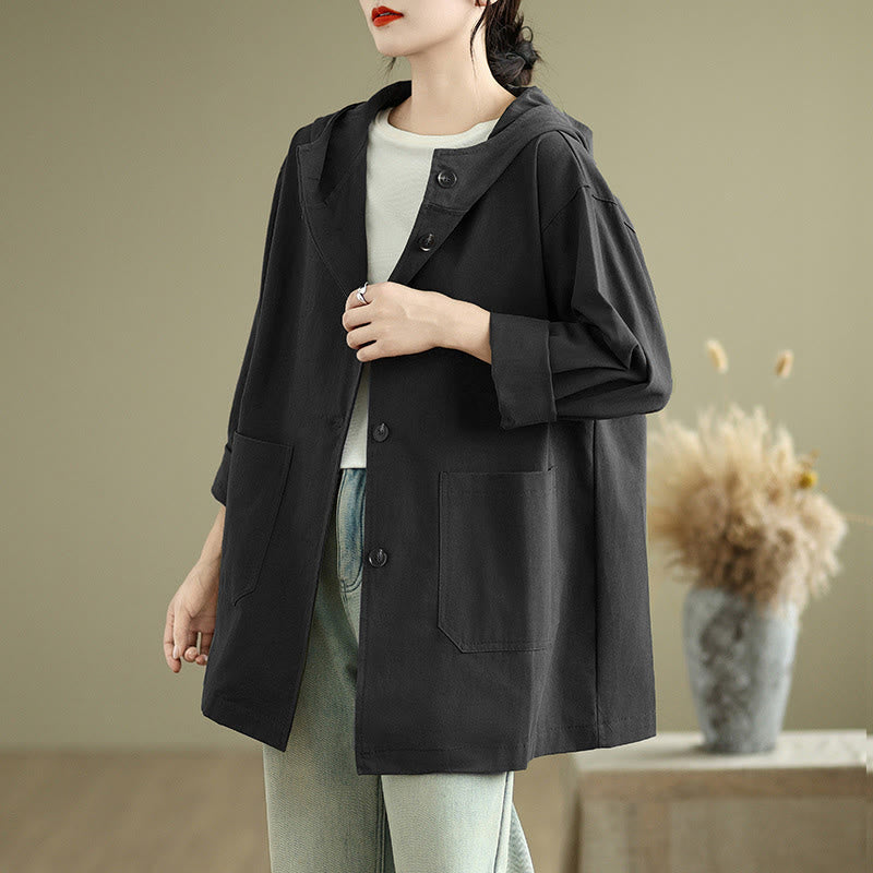 Buddha Stones Fall Vintage Hoodie Women's Cotton Linen Jacket With Front Pockets - Black - US12，UK/AU16，EU44 (XL) - image 16