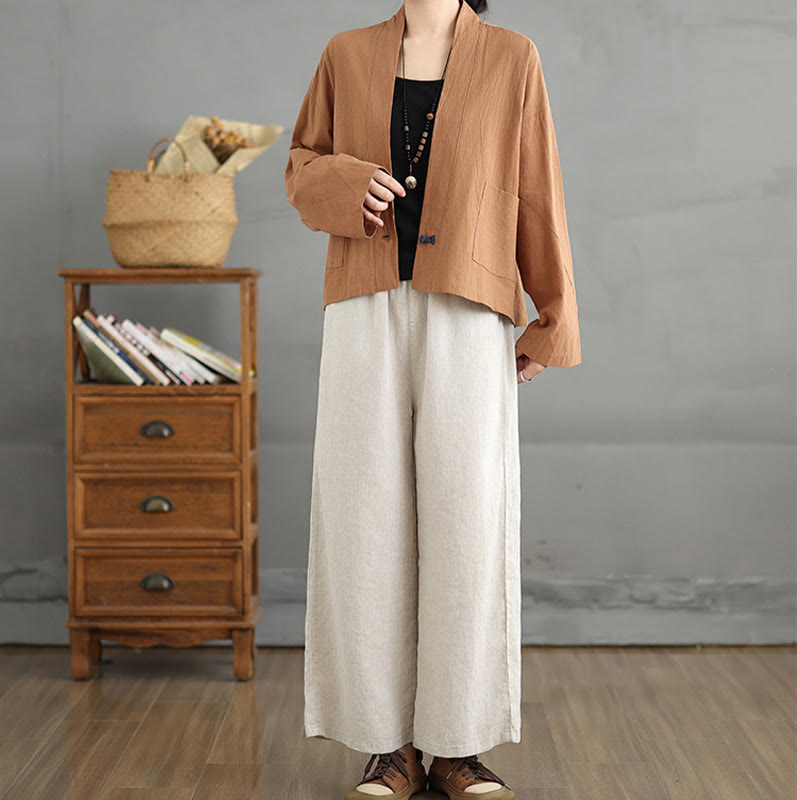 Buddha Stones Casual Vintage Plain Long Sleeve Open Front Cropped Jacket With Pockets - image 5