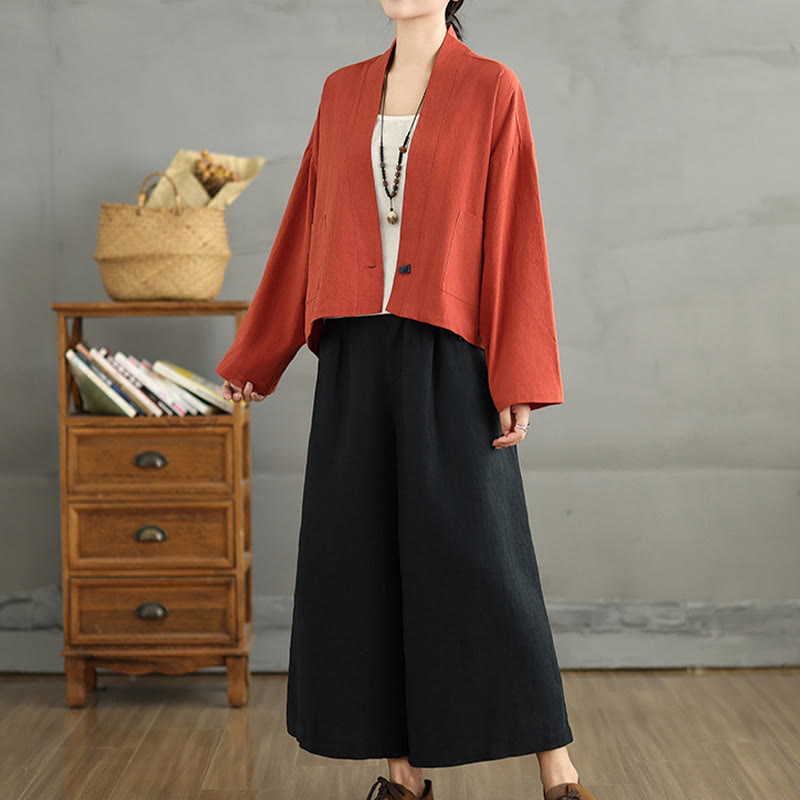 Buddha Stones Casual Vintage Plain Long Sleeve Open Front Cotton Linen Jacket With Pockets - image 11
