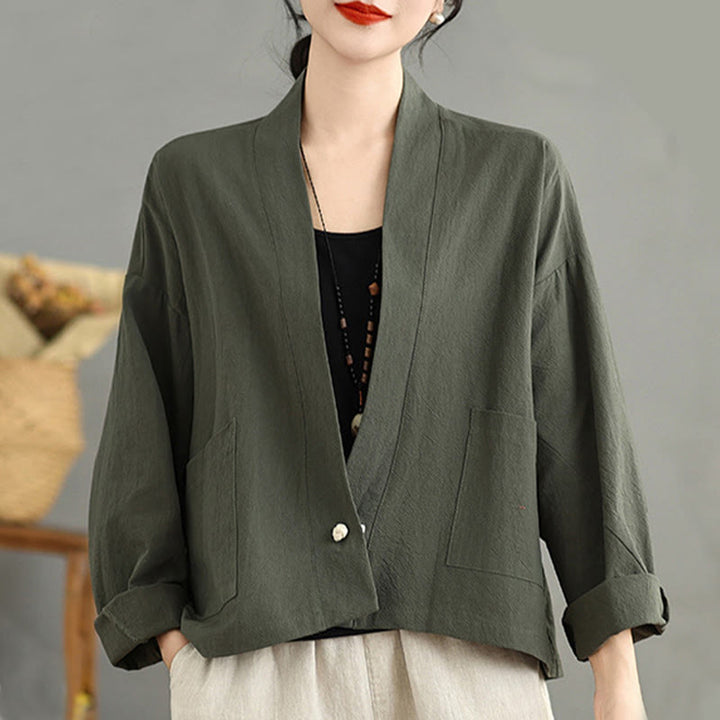 Buddha Stones Casual Vintage Plain Long Sleeve Open Front Cardigan Cotton Linen Jacket With Pockets - image 14