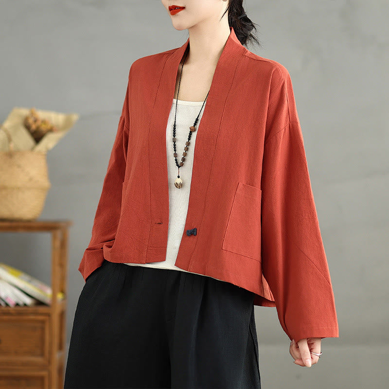 Buddha Stones Casual Vintage Plain Long Sleeve Open Front Cardigan Cotton Linen Jacket With Pockets - OrangeRed - US14，UK/AU18，EU46 (2XL) - image 8
