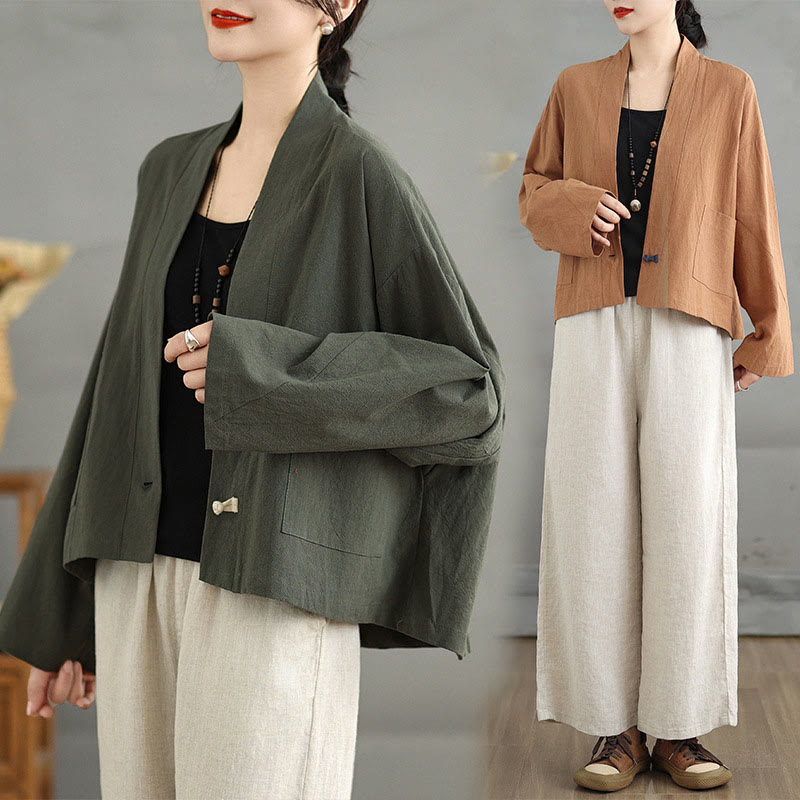 Buddha Stones Casual Vintage Plain Long Sleeve Open Front Cardigan Cotton Linen Jacket With Pockets - image 19